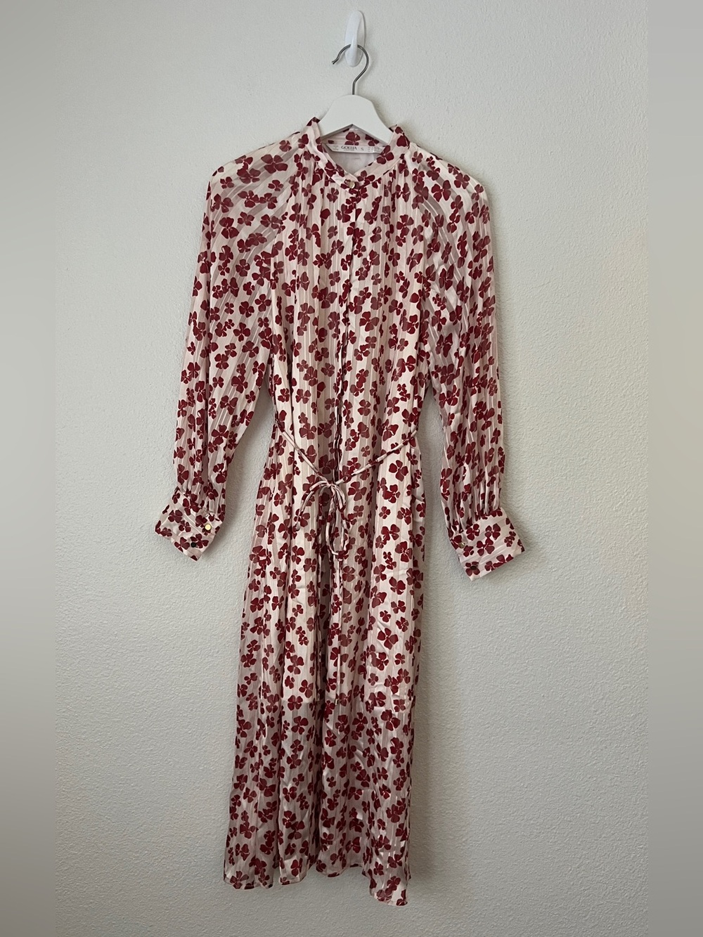 GOELIA Red Floral Midi Maxi Dress S Metallic Shimmer Pleated Mock Neck US 4
